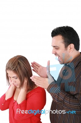 Portrait Of A Young Woman Gets Earful From An Annoyed Man Agains… Stock Photo