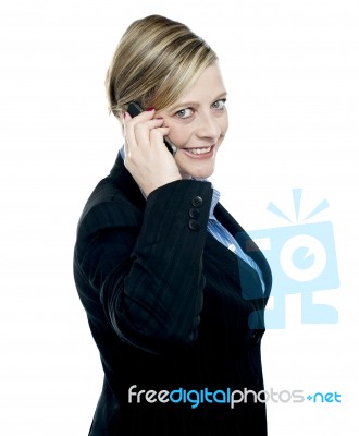Portrait Of Business Lady Talking On Mobile Phone Stock Photo