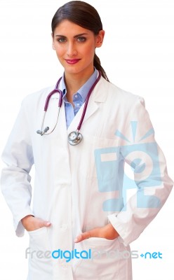 Portrait Of Confident Female Doctor In Lab Coat Stock Photo