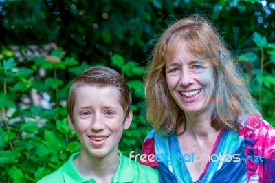 Portrait Of Dutch Mother And Son Outdoors Stock Photo