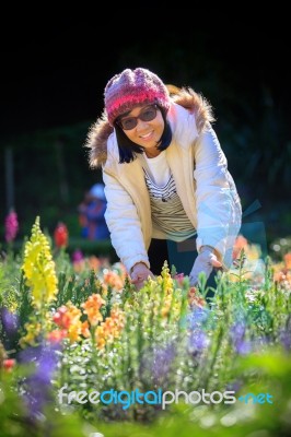 Portrait Of Happiness Asian Woman With Smiling Face In Blooming Flowers Garden Use For Relaxing People In Vacation Traveling Stock Photo