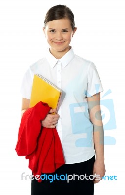 Portrait Of Happy School Girl, Posing Stock Photo
