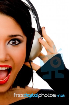 Portrait Of Happy Young Female Listening Music Stock Photo