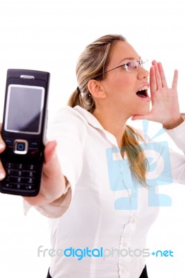 Portrait Of Shouting Manager Showing Cell Phone Stock Photo
