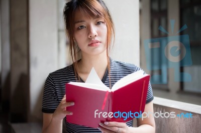 Portrait Of Thai Adult Beautiful Girl Reading Red Book Stock Photo