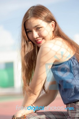 Portrait Of Thai Adult Beautiful Girl Relax And Smile Stock Photo