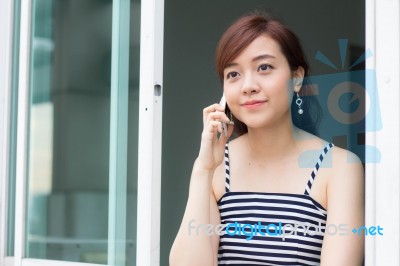 Portrait Of Thai Adult Businesswoman Beautiful Girl Calling Smart Phone Stock Photo