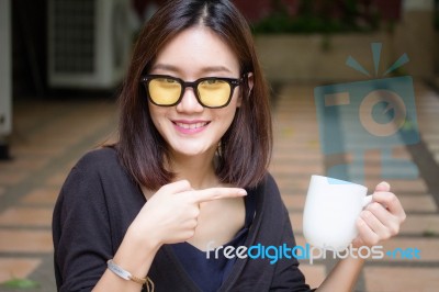 Portrait Of Thai Adult Glasses Beautiful Girl Drinking Coffee Stock Photo