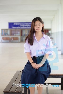 Portrait Of Thai High School Student Uniform Teen Beautiful Girl Happy And Relax Stock Photo