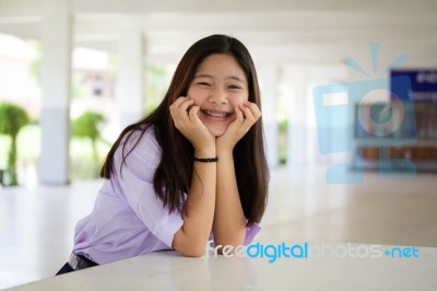 Portrait Of Thai High School Student Uniform Teen Beautiful Girl Happy And Relax Stock Photo