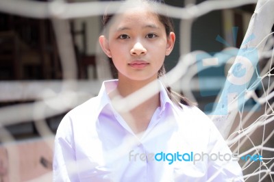 Portrait Of Thai High School Student Uniform Teen Beautiful Girl Happy And Relax Stock Photo