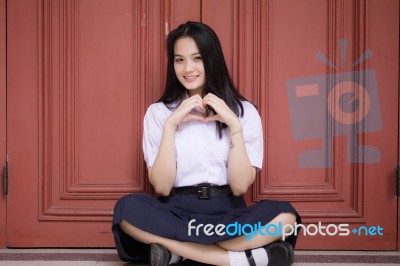 Portrait Of Thai High School Student Uniform Teen Beautiful Girl Happy And Relax, Stock Photo