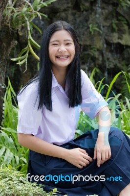 Portrait Of Thai High School Student Uniform Teen Beautiful Girl Happy And Relax, Stock Photo