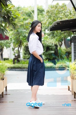 Portrait Of Thai High School Student Uniform Teen Beautiful Girl Happy And Relax, Stock Photo