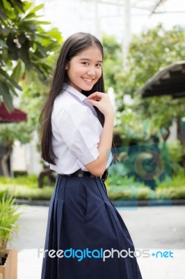 Portrait Of Thai High School Student Uniform Teen Beautiful Girl Happy And Relax, Stock Photo