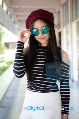 Portrait Of Thai Teen Glasses Beautiful Girl Relax And Smile Stock Photo