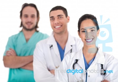 Portrait Of Three Doctors In A Hospital Stock Photo
