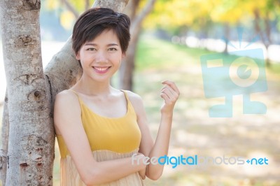 Portrait Of Young Beautiful Asian Woman With Short Hairs Style T… Stock Photo