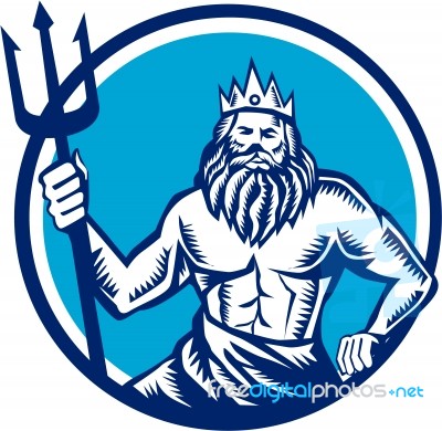 Poseidon Trident Circle Woodcut Stock Image