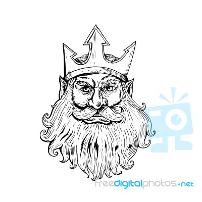 Poseidon Wearing Trident Crown Woodcut Stock Image