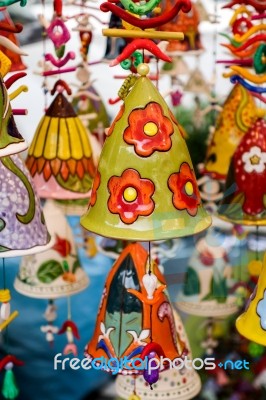 Pottery Bells For Sale On A Market Stall In Bergamo Stock Photo