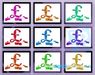 Pound Symbols On Monitors Showing Britain Finances Stock Image