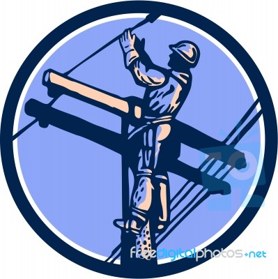 Power Lineman Repairman Climb Pole Retro Circle Stock Image