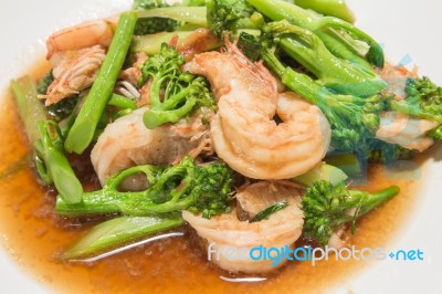 Prawns With Broccoli Fried Sauce Stock Photo