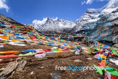 Prayer Flags At The Mountain Stock Photo