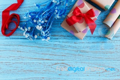 Presents For Birthday On Wood Background Stock Photo