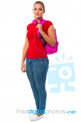 Pretty College Student Carrying Pink Backpack Stock Photo