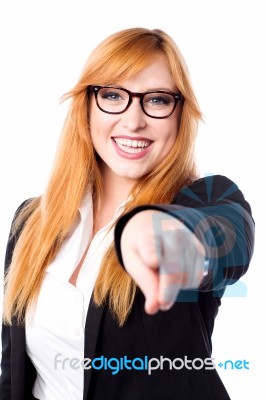 Pretty Corporate Lady Pointing At You Stock Photo