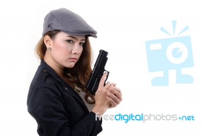 Pretty Girl Action Like A Spy Stock Photo