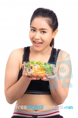 Pretty Girl Holding Fresh Vegetable Salad Stock Photo