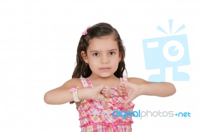 Pretty Little Girl Hand Gesturing Thumb Down Failure Sign Stock Photo