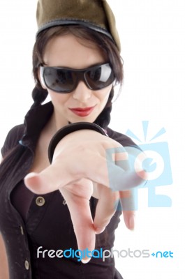 Pretty Young Female Pointing At Camera Stock Photo
