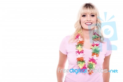 Pretty Young Woman Wearing Hawaiian Garland Stock Photo