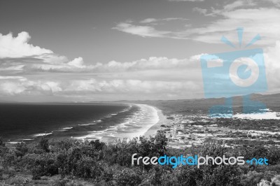 Pristine Beachfront At North Point, Moreton Island. Black And White Stock Photo