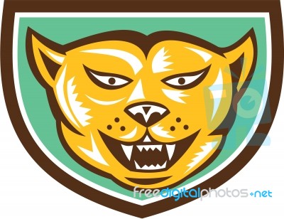 Puma Mountain Lion Head Shield Woodcut Stock Image