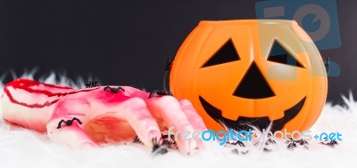 Pumpkin Jack Orange Color And Have Blood On Hand This Horror In Stock Photo