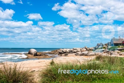 Punta Del Diablo Beach, Popular Tourist Place In Uruguay Stock Photo