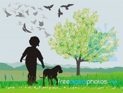 Puppy And Girl In The Spring Stock Image