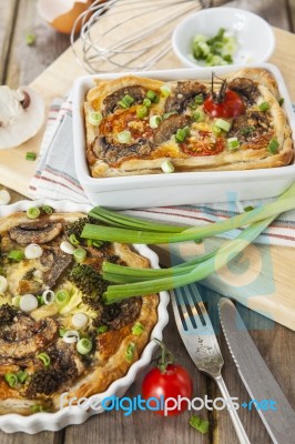 Quiche Lorraine With Chicken, Mushrooms And Broccoli Stock Photo