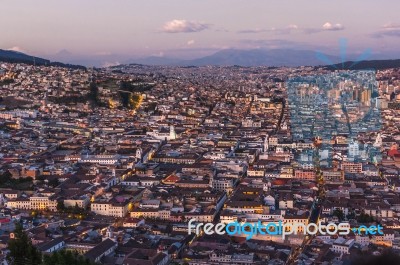 Quito Capital City At Sunset, Ecuador Stock Photo