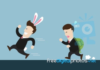 Rabbit Businessman And Turtle One Are In Running Competition Stock Image