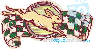 Rabbit Jumping Racing Flag Drawing Stock Image