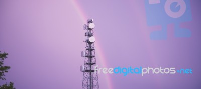 Radio Tower In Queensland With A Rainbow Stock Photo
