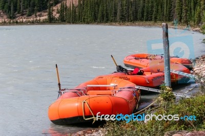 Rafts Moored On The Athabasca River Stock Photo