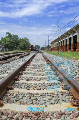 Railway Tract In Summer Day At Train Station In Thailand Stock Photo