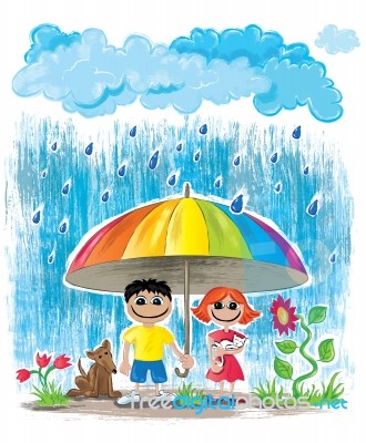 Rainy Day Children Hiding Dog Cat Umbrella Stock Photo